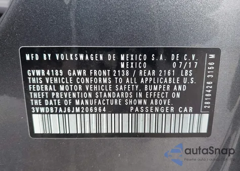 2018 Volkswagen Jetta 1.4T Se/1.4T Wolfsburg Edition из США, поврежденный, VIN 3VWDB7AJ6JM206964